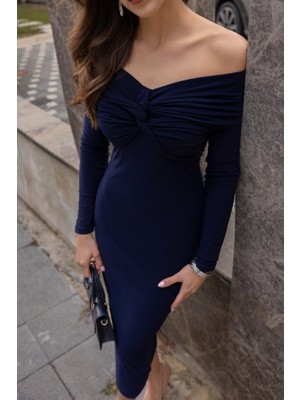 Moderie Butik Kadın Uzun Kollu Madonna Yaka Düğüm Büzgü Detay Maxi Boy Elblbise