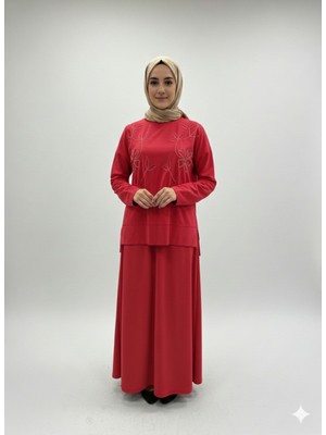 Ribana Classic Kadın Bisiklet Yaka Çiçek Nakışlı ve Yırtmaç Detaylı Sweatshirt, Lastik Bel Etek Tesettür Takım