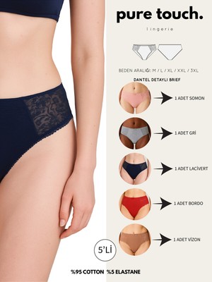 Kadın Dantel Detaylı Pamuklu 5'li Paket Külot / Somon - Gri - Lacivert - Bordo - Vizon