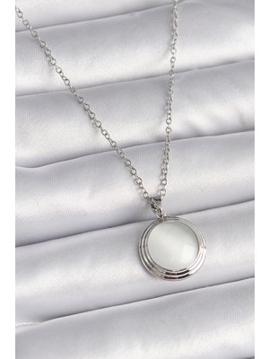 Skygo 316L Çelik Gümüş Renk Beyaz Sedefli Daire Model Kadın Kolye - TJ-BKO9426