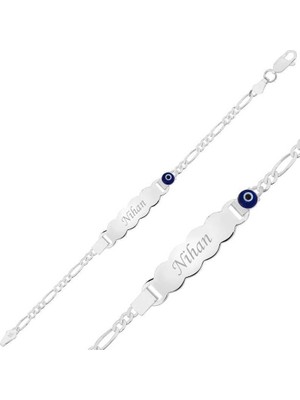 Özcömert Silver Gümüş Mavi Boncuklu Plaka Çocuk Bileklik