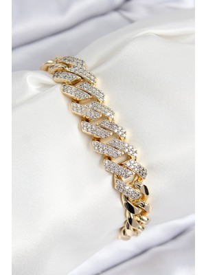 Hayat Store Vıp Pirinç Zirkon Taşlı Cuba Model Gold Renk Kadın Bileklik - Lisinya