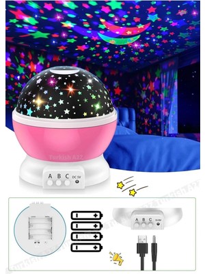 Pembe Dönen Renkli Ay Yıldızlı Gökyüzü Yansıtmalı Projeksiyon Gece Lambası Çocuk Bebek Pa