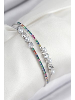 Hayat Store Pirinç Zirkon Taşlı Inci Model Gümüş Renk Kadın Bileklik - Lisinya