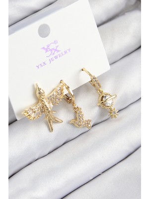 Hayat Store Pirinç Zirkon Taşlı 3'lü Kuş Model Gold Renk Kadın Küpe - Lisinya