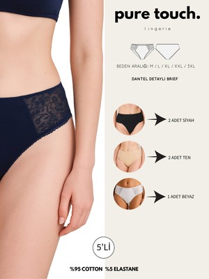 Kadın Dantel Detaylı Pamuklu 5'li Paket Külot / Siyah - Ten - Beyaz