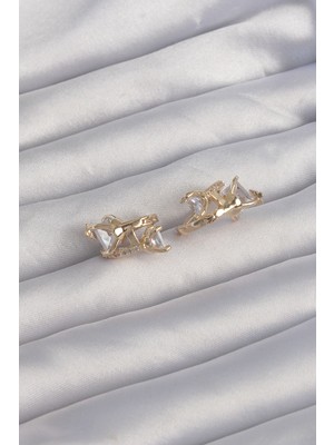 Hayat Store Pirinç Gold Renk Iri Zirkon Taşlı Kıvrımlı Minimal Kelebekli Halka Küpe - Lisinya