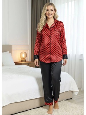 Beruflic Siyah-Kırmızı Saten Pijama Takımı - 1621