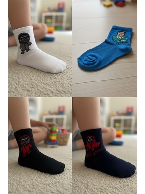 Meine Liebe Unterwäsche 4'lü Paket Squid Game Desenli Çocuk Çorabı - Pamuklu Yumuşak Dokulu Çocuk Soket Çorap Seti