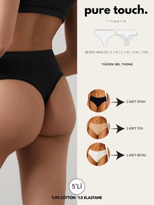 Kadın Yüksek Bel Tanga Külot 5'li Paket / Siyah-Ten-Beyaz