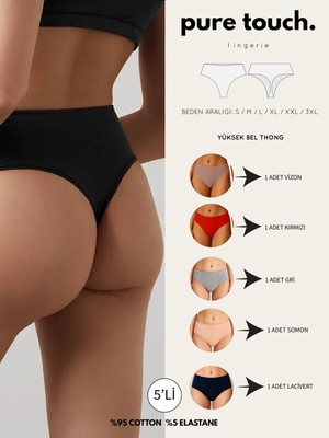 Kadın Yüksek Bel Tanga Külot 5'li Paket/somon-Kırmızı-Lacivert-Vizon-Gri