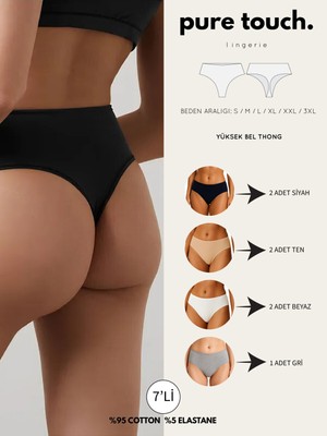 Pure Touch Lingerie Kadın Yüksek Bel Tanga Külot 7'li Paket /siyah-Ten-Beyaz-Gri