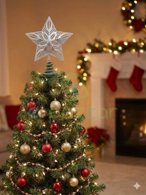 Epazzar 25 cm Lüx Gümüş Simli  Yılbaşı Ağacı Tepe Yıldızı Organizasyon Christmas konsept Parti Dekor Süsleme