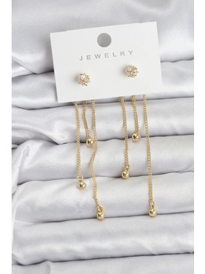 Mey İthalat Bfs Topçuk Model Gold Renk Pirinç Sallantılı Kadın Küpe Seti