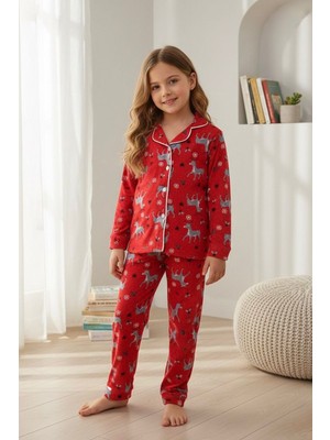 Miniğimin Cicileri Geyik  Desenli Süet Kız Çocuk Pijama Takımı - Kırmızı