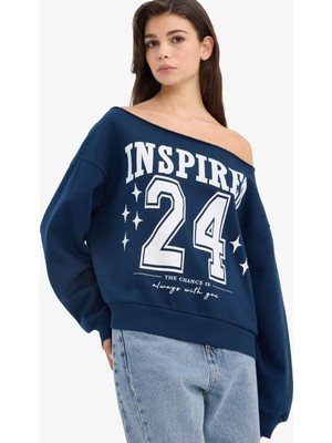DeFacto Oversize Geniş Kalıp Açık Omuz Baskılı Kalın Sweatshirt G7182AX25CW