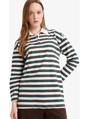 DeFacto Regular Fit Polo Yaka Çizgili Sweatshirt Tunik G2851AX25WN