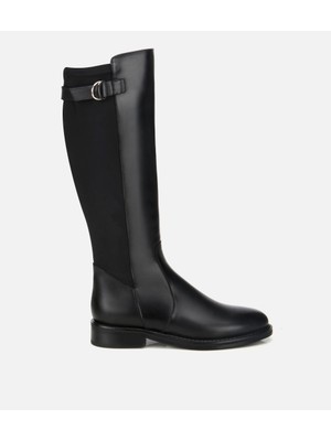 Hotiç Kadın Deri Siyah Tokalı Streç Detaylı Düz Çizme