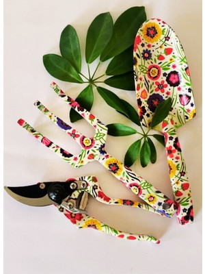 3lü Canlı Çiçek Desenli Bahçe Aletleri Seti, Kürek, Gül Çiçek Budama Makası, Tırmık