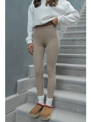 Madmext Bej Yüksek Bel Kadın Fitilli Tayt MG1625