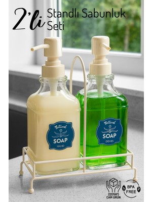 Nandy Home 2'li Set Standlı Cam Sabunluk - Deterjanlık, Sıvı Sabunluk - El Sabunluğu -500ML.