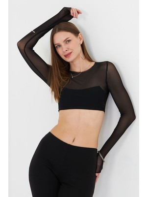 Akabi Online Kadın Uzun Kollu Yarı Transparan Crop Tül Bluz