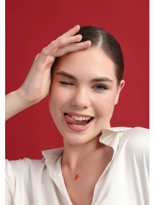 Sembol Gold Kırmızı Biber Altın Kolye 43 cm