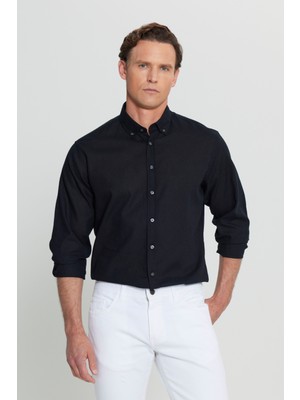 Altınyıldız Classics Pamuklu Keten Comfort Fit Rahat Kesim Düğmeli Yaka Armürlü Gömlek
