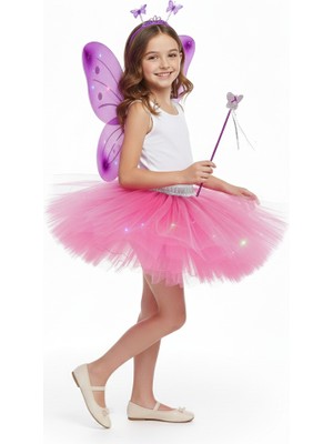 Beryka 2-10 Yaş Kız Çocuk LED Işıklı Kelebek Kanat Peri Kostüm Seti