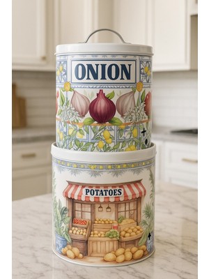 Decorev Renkli Desenli 2’li Metal Patates Soğan Saklama Kabı Seti DC-6766