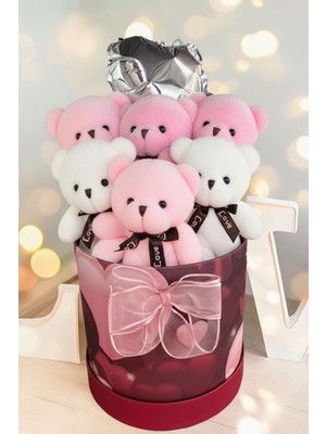 Sole Premium Silindir Kalpli Kırmızı Özel Kutusunda, Kalpli Balonlu 6’lı Pembe Ayıcık Buketi