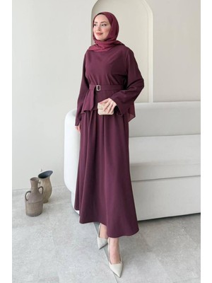 Tesettür Diyarı Pamuk Keten Kışlık Hezal Tesettür Takım- Bordo