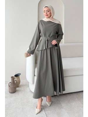 Tesettür Diyarı Pamuk Keten Kışlık Hezal Tesettür Takım- Haki