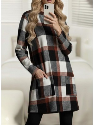 Aknbutik Kadın Uzun Kollu Yarı Balıkçı Yakalı Cep Detaylı Ekoseli Dokuma Tunik