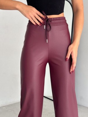 Cottonlab Yüksek Bel Geniş Paça Içi Şardonlu Deri Pantolon.