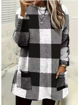 Buğrahayalin Kadın Uzun Kollu Yarı Balıkçı Yakalı Cep Detaylı Ekoseli Dokuma Tunik