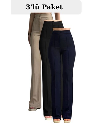 Thiff Kadın Palazzo Pantolon 3’lü Set – Siyah Bej Lacivert, Krep Likralı, Yüksek Bel Jogger Kesim