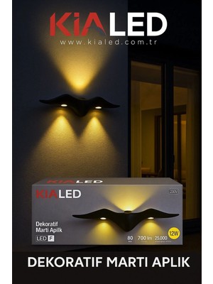 Kialed Duvar Tipi LED Aplik, Martı Model, 12 W 3000K Iç ve Dış Mekan Siyah Kasa 220 V Enerji