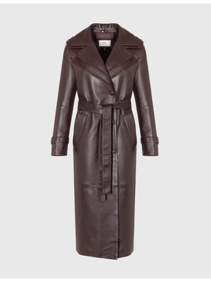 İLVİ Ruud Hakiki Deri Bordo Kadın Deri Trençkot