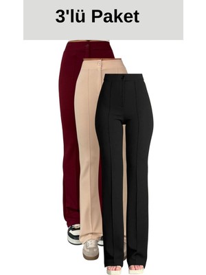 Thiff Krep Kumaş Likralı Kadın Palazzo Pantolon 3'lü Set