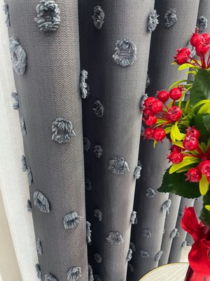 Brillant Koyu Gri Renk Ponponlu Pufy Fon Perde 1/3 Sık Pile