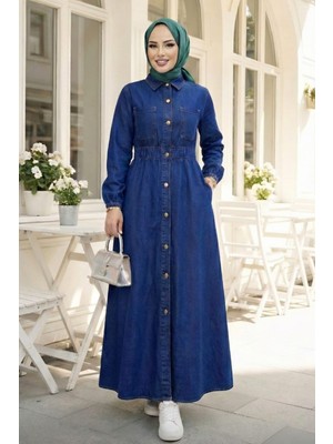 Harma Time Butik Kadın Belden Lastikli Cep Detaylı Koyu Kot Mavi Elbise