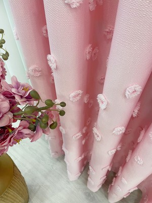 Brillant Şeker Pembe Renk Ponponlu Pufy Fon Perde 1/3 Sık Pile