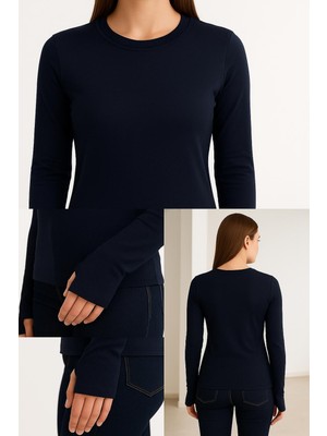 Hayalet Yumuşak Modal Dokulu Pamuk Dokuma Uzun Kol Parmak Geçmeli Bisiklet Yaka Body – Esnek Basic T-Shirt