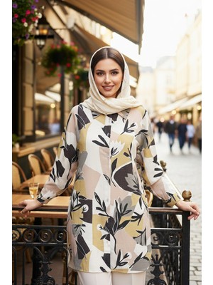 Ceremony Ata Dijital Baskı Gömlek Tunik 5149 Amber Sarı