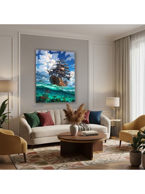 Tablonhazır Dikey Cam Tablo Salon Duvar Tablosu Dikey Cam Gemi ve Baliklar Yeni Ev Hediyesi Ofis Tablosu