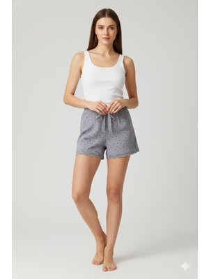 Düz Renk Mini Çiçek Desenli Penye Kadın Ev Şortu Bacak Dantel Detaylı Ev Giyim Gri