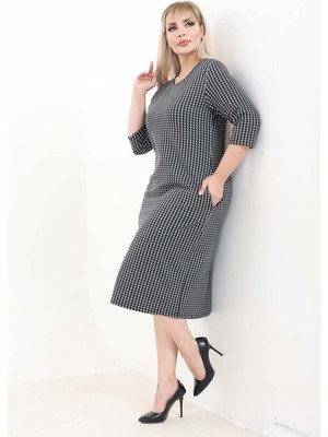 Modayız Çift Cepli Desenli Esnek Kışlık Büyük Beden Midi Elbise 16C-2758