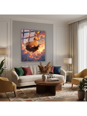 Tablonhazır Dikey Cam Tablo Salon Duvar Tablosu Dikey Cam Ucan Gemi Balonlar Yeni Ev Hediyesi Ofis Tablosu