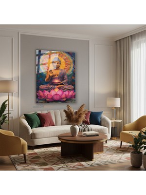 Tablonhazır Dikey Cam Tablo Salon Duvar Tablosu Dikey Cam Lotus Buddha Yeni Ev Hediyesi Ofis Tablosu